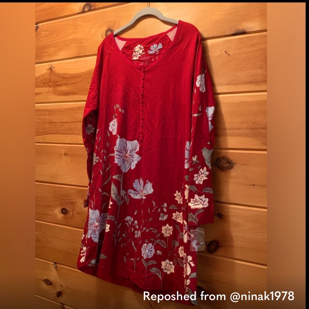 Soma Red Floral COTTON Long Sleeve Nightshirt / Nightgown